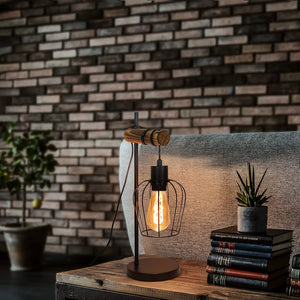 Rustieke Industriële Nachtlamp – Retro Tafellamp met E27 Fitting, 25×16 cm, Metaal & Hout