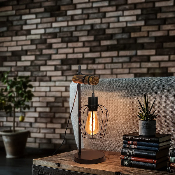 Rustieke Industriële Nachtlamp – Retro Tafellamp met E27 Fitting, 25×16 cm, Metaal & Hout