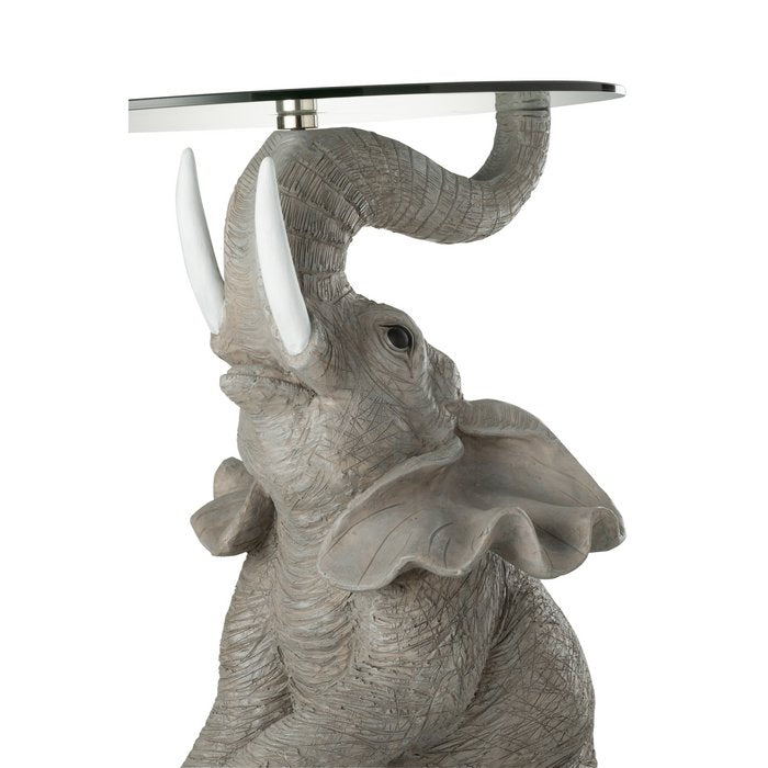 J-Line Olifant Bijzettafel met Glazen Tafelblad – Grijze Decoratieve Eyecatcher