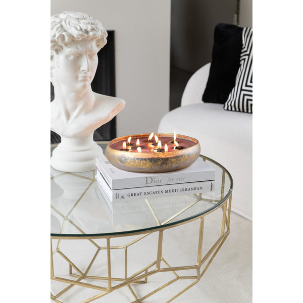 J-Line Salontafel Moza – Ronde Glazen Tafel met Goudkleurig Geometrisch Frame