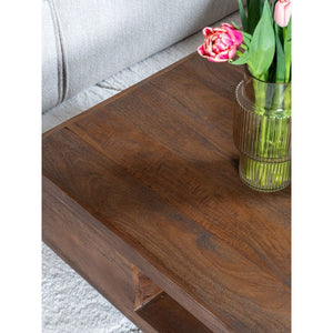 Salontafel TimberSquare – Mangohout Espresso 80×80 cm met Opbergvakken