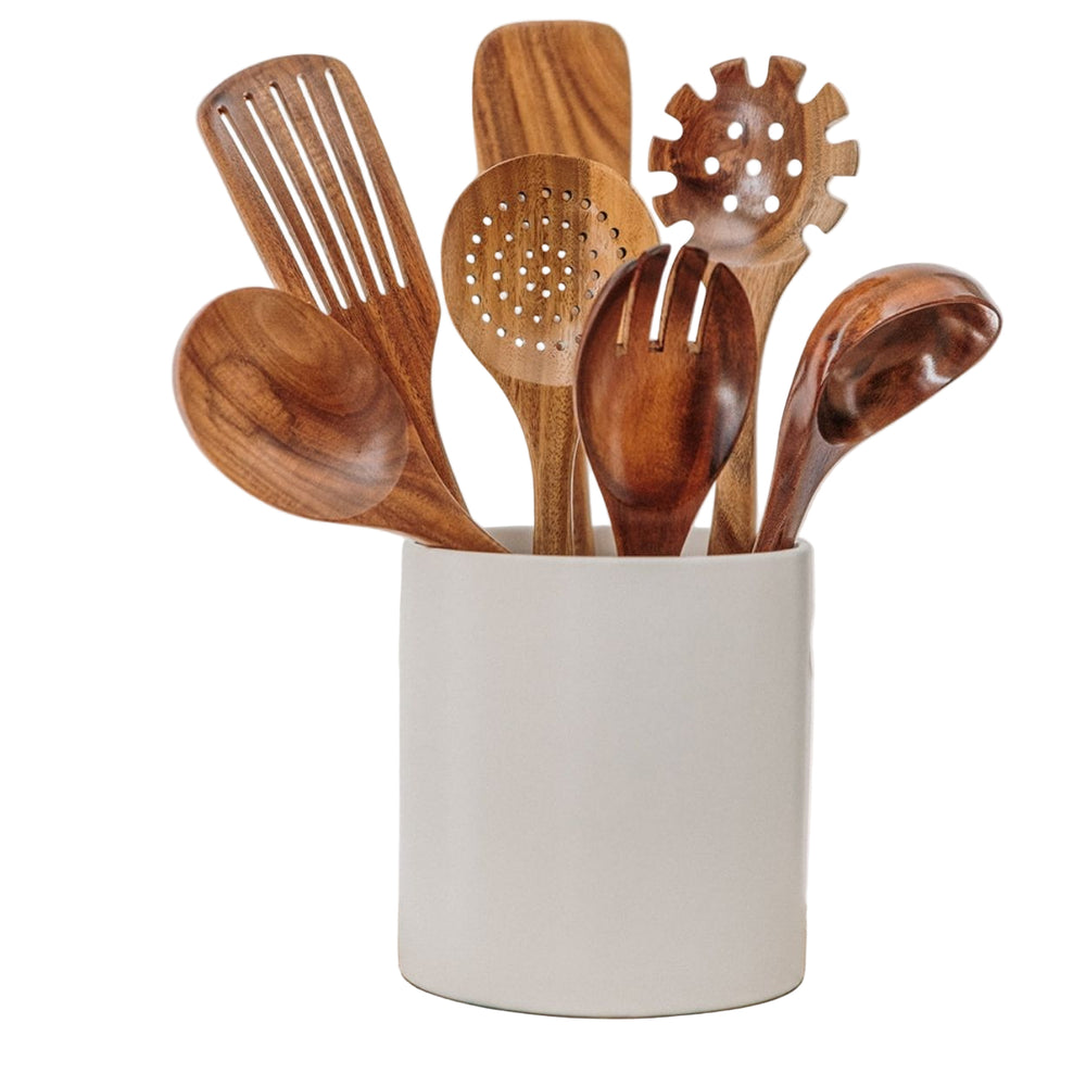 7-delige Houten Keukengerei Set met Houder – Natuurlijke Teak Kooktools
