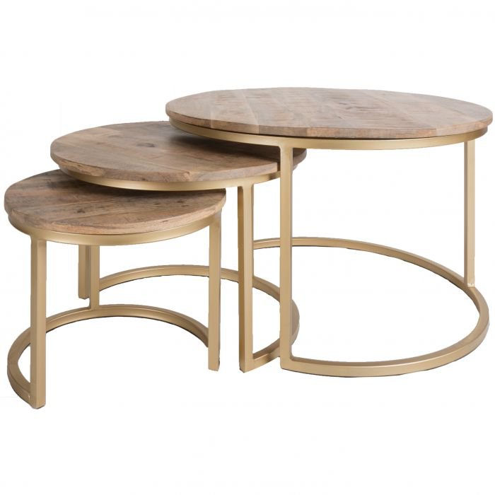 Salontafel Bart Goud – Set van 3 – Mangohout & Metaal – Nesttafels – Industrieel