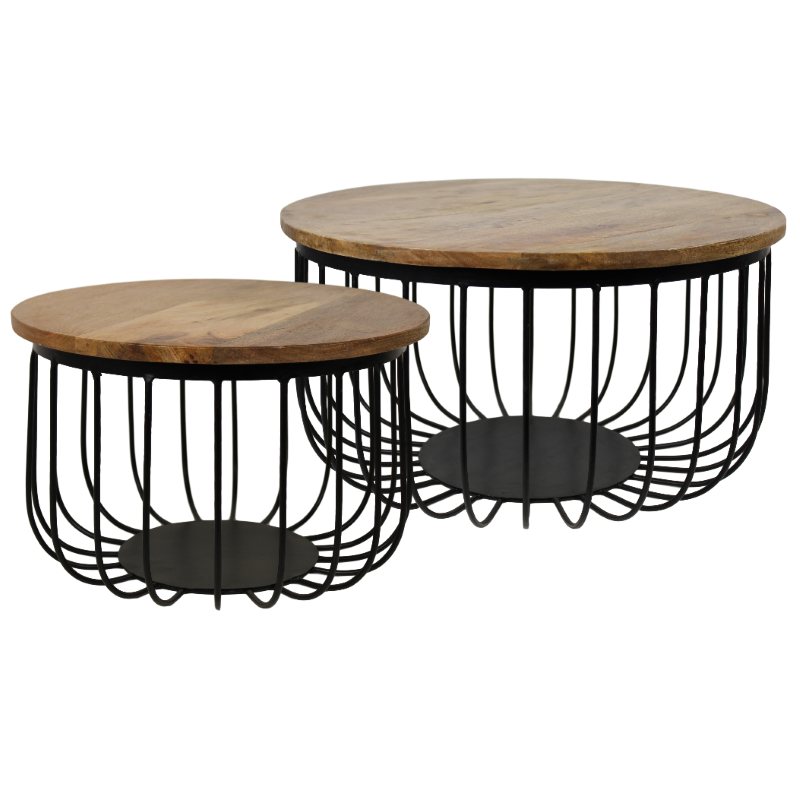 Bijzettafels Rond – Set van 2 – Mangohout & Zwart Metaal – Industrieel Design – Ø60 & Ø45 cm