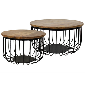 Bijzettafels Rond – Set van 2 – Mangohout & Zwart Metaal – Industrieel Design – Ø60 & Ø45 cm