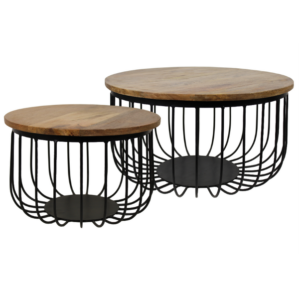 Bijzettafels Rond – Set van 2 – Mangohout & Zwart Metaal – Industrieel Design – Ø60 & Ø45 cm