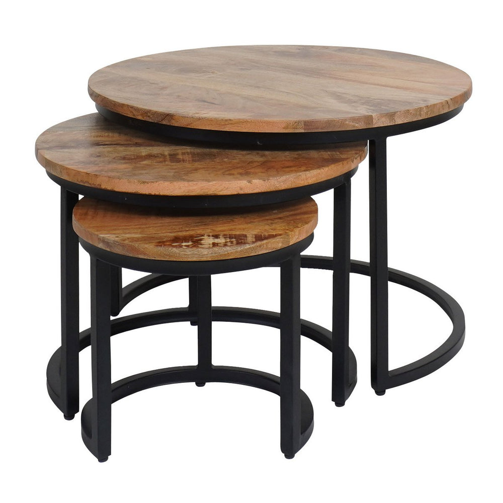 Industriële Salontafel Set van 3 – Ronde Tafels Mangohout & Zwart Staal – Erjan