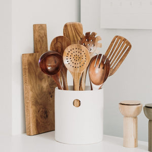 7-delige Houten Keukengerei Set met Houder – Natuurlijke Teak Kooktools
