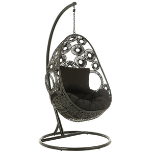 J-Line Hangstoel Bula – Zwart Metaal & Riet – Inclusief Kussens – 113×103×197 cm – Luxe loungestoel