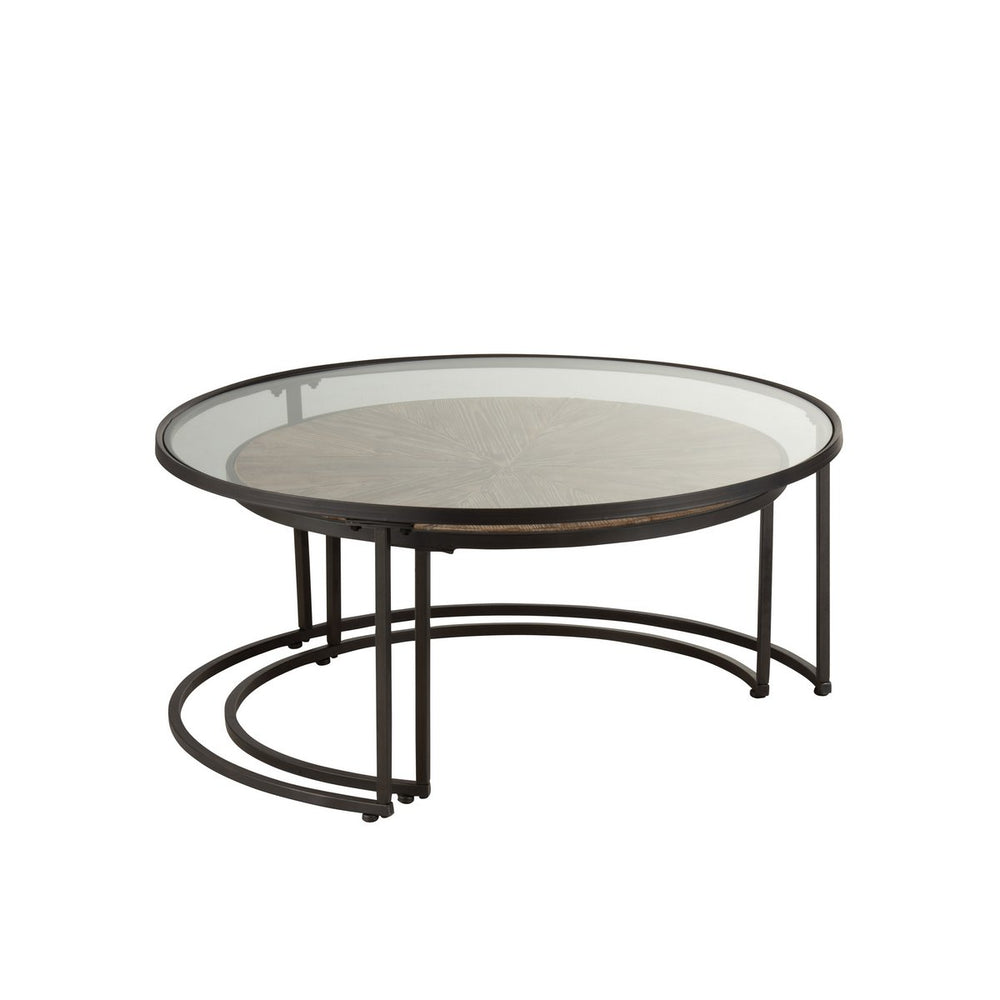 J-Line Salontafel Set van 2 – Rond Glas & Hout met Zwart Metaal