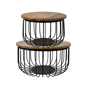 Bijzettafels Rond – Set van 2 – Mangohout & Zwart Metaal – Industrieel Design – Ø60 & Ø45 cm
