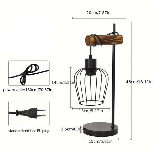 Rustieke Industriële Nachtlamp – Retro Tafellamp met E27 Fitting, 25×16 cm, Metaal & Hout