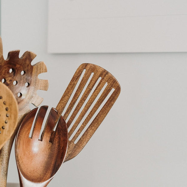 7-delige Houten Keukengerei Set met Houder – Natuurlijke Teak Kooktools