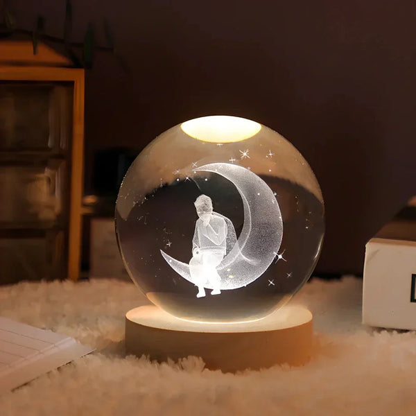 3D Kristallkugel Nachtlicht – LED Sfeerlamp met Warme Wit Licht – USB Aangedreven – Ideaal als Cadeau voor Ruimtevaartliefhebbers