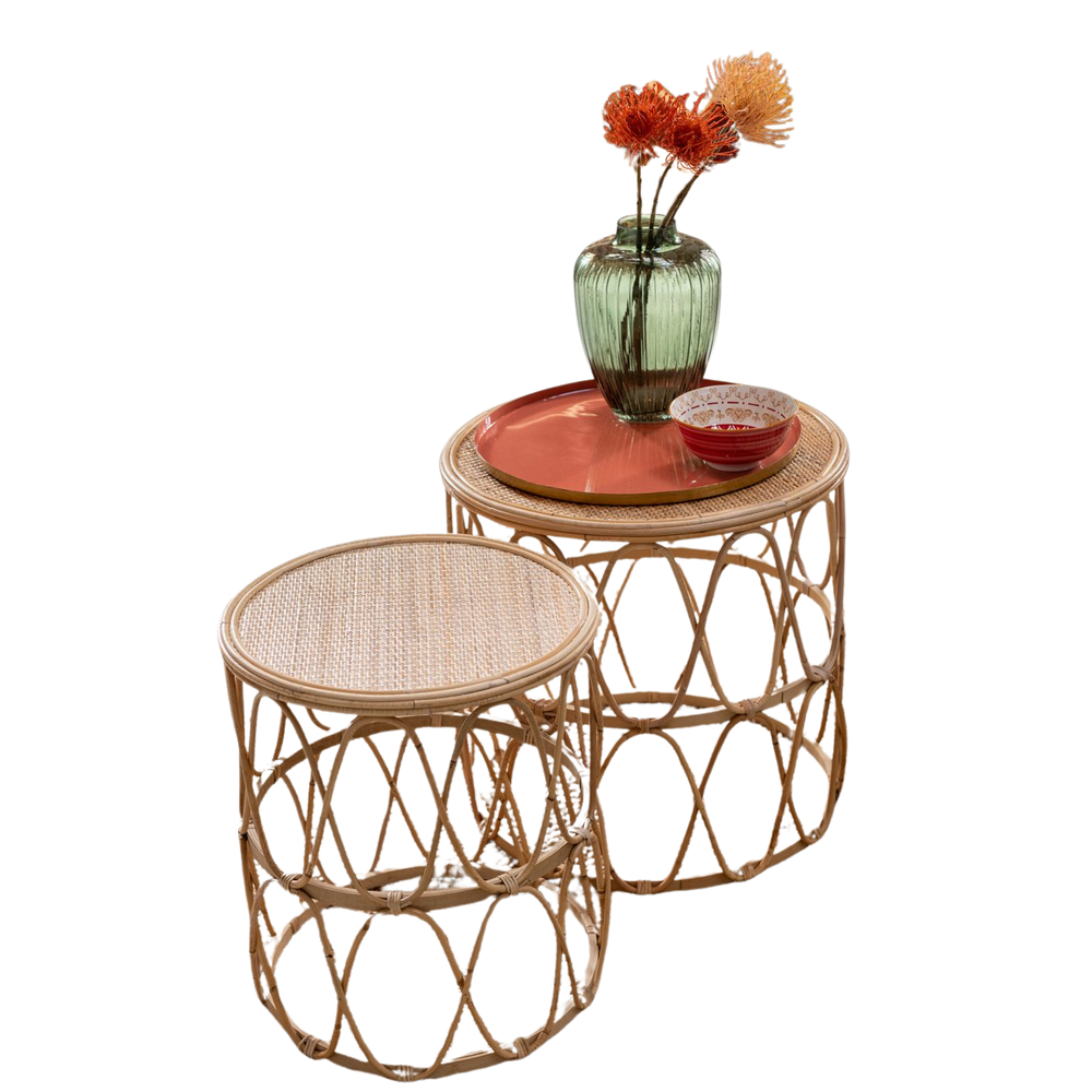 J-Line Bijzettafel Golf Patroon – Rotan Naturel – Set van 2 – 51,5×51,5×50,5 cm – Bohemian stijl