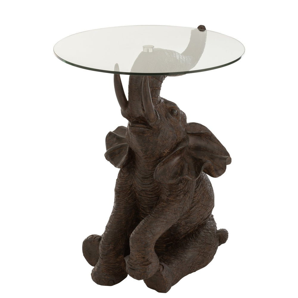 J-Line Bijzettafel Olifant – Donkerbruine Kunsttafel met Glazen Blad