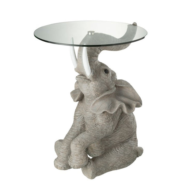 J-Line Olifant Bijzettafel met Glazen Tafelblad – Grijze Decoratieve Eyecatcher