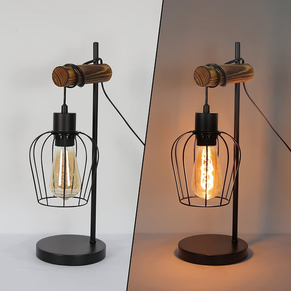 Rustieke Industriële Nachtlamp – Retro Tafellamp met E27 Fitting, 25×16 cm, Metaal & Hout