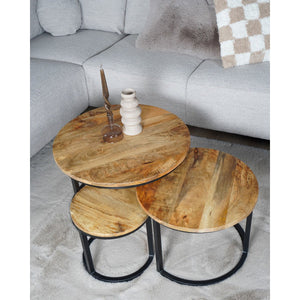 Industriële Salontafel Set van 3 – Ronde Tafels Mangohout & Zwart Staal – Erjan