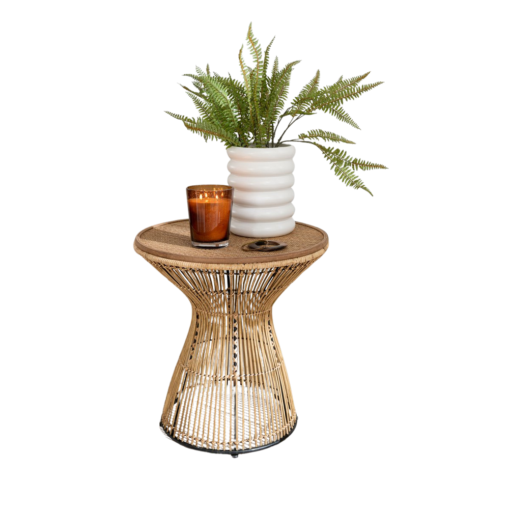 J-Line Bijzettafel Rond Groeven – Rotan Naturel – 58 cm Bohemian Stijl