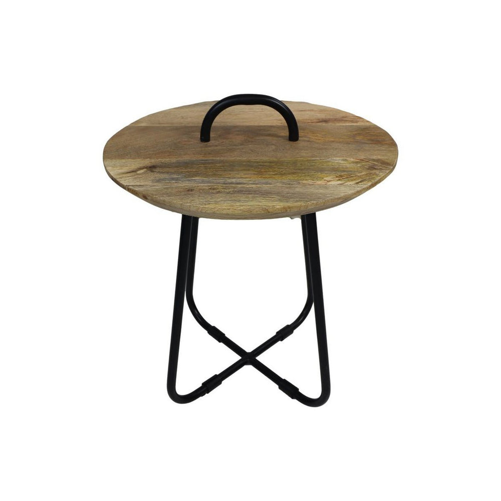 Ronde Bijzettafel Ø45 cm met Handvat – Mangohout & Zwart Metaal