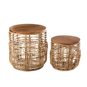 J-Line Bijzettafel Ellen – Rotan Naturel – Set van 2 – 48×48×52,5 cm – Bohemian stijl