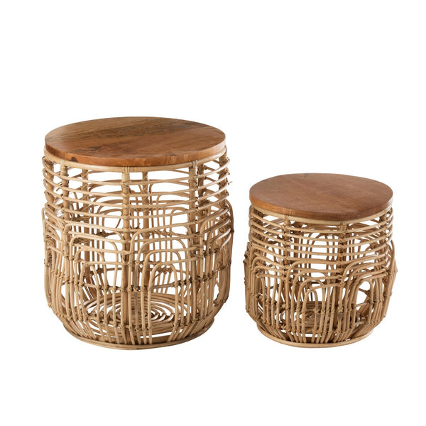 J-Line Bijzettafel Ellen – Rotan Naturel – Set van 2 – 48×48×52,5 cm – Bohemian stijl
