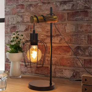 Rustieke Industriële Nachtlamp – Retro Tafellamp met E27 Fitting, 25×16 cm, Metaal & Hout