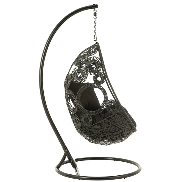 J-Line Hangstoel Bula – Zwart Metaal & Riet – Inclusief Kussens – 113×103×197 cm – Luxe loungestoel