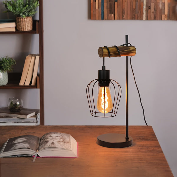 Rustieke Industriële Nachtlamp – Retro Tafellamp met E27 Fitting, 25×16 cm, Metaal & Hout