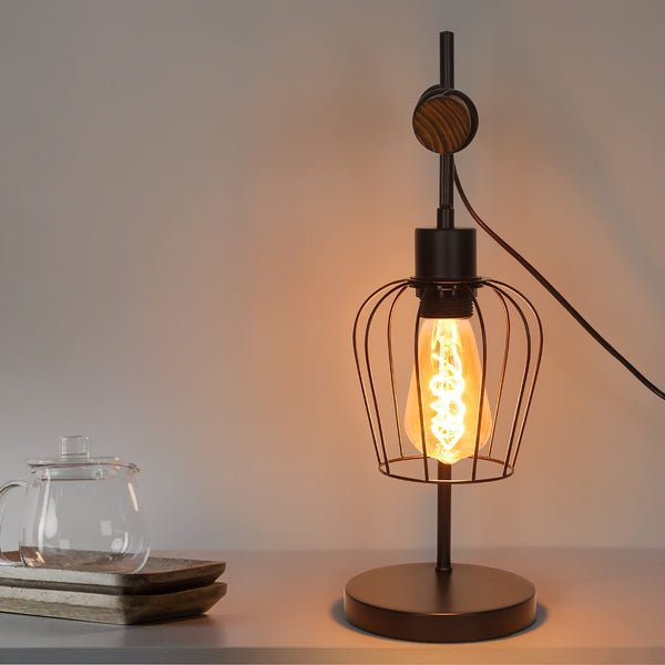 Rustieke Industriële Nachtlamp – Retro Tafellamp met E27 Fitting, 25×16 cm, Metaal & Hout