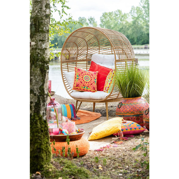 J-Line Loungestoel Ovaal – Staal & Rotan – Naturel – Inclusief Kussens – 115×110×148 cm
