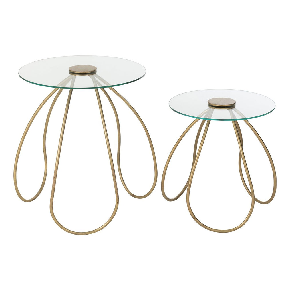 J-Line Bijzettafel Set Rond – 2 Stuks in Goudkleurig Metaal en Glas