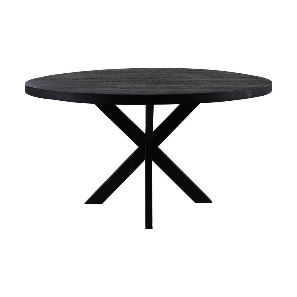 Ronde Eettafel Mangohout – Zwart – Ø140 cm – Industrieel Design met Metalen Kruispoot