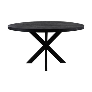 Ronde Eettafel Mangohout – Zwart – Ø140 cm – Industrieel Design met Metalen Kruispoot