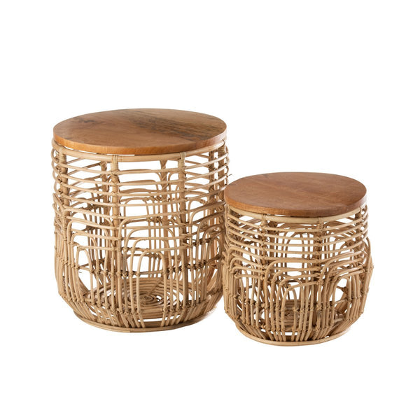 J-Line Bijzettafel Ellen – Rotan Naturel – Set van 2 – 48×48×52,5 cm – Bohemian stijl