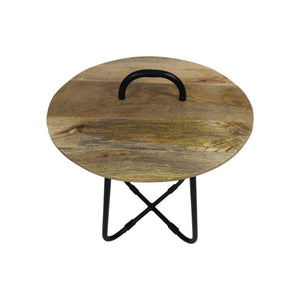 Ronde Bijzettafel Ø45 cm met Handvat – Mangohout & Zwart Metaal
