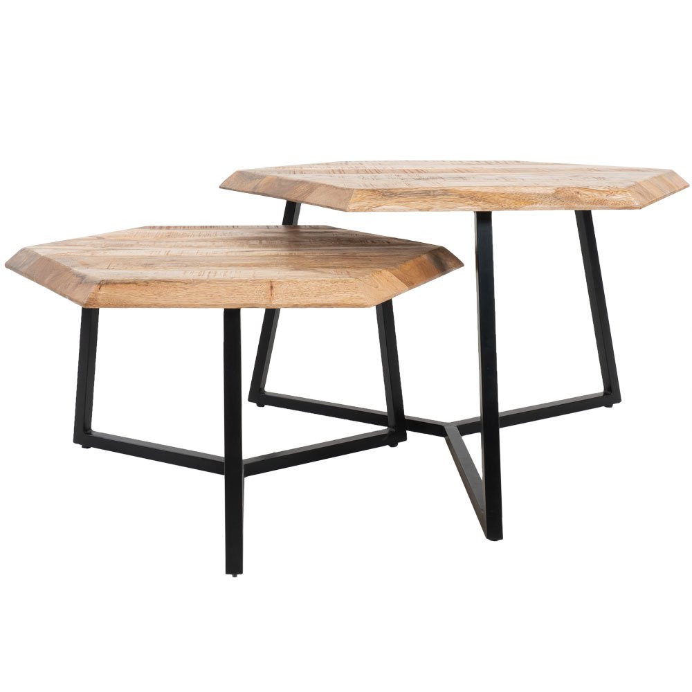 Salontafel set van 2 Kiara – achthoekige mangohouten tafeltjes met zwart metalen frame (industrieel & stijlvol)