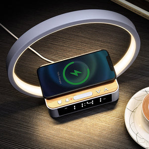 Minimalistische Ronde Tafellamp met LED-Klok & Draadloos Opladen – Moderne Bureau- en Bedlamp