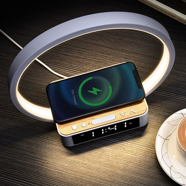 Minimalistische Ronde Tafellamp met LED-Klok & Draadloos Opladen – Moderne Bureau- en Bedlamp