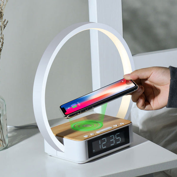 Minimalistische Ronde Tafellamp met LED-Klok & Draadloos Opladen – Moderne Bureau- en Bedlamp
