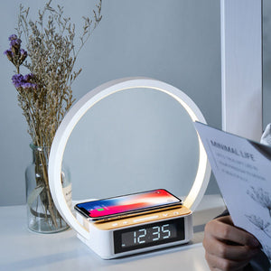 Minimalistische Ronde Tafellamp met LED-Klok & Draadloos Opladen – Moderne Bureau- en Bedlamp