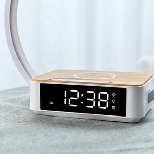 Minimalistische Ronde Tafellamp met LED-Klok & Draadloos Opladen – Moderne Bureau- en Bedlamp