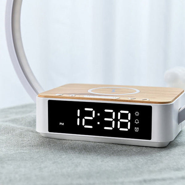 Minimalistische Ronde Tafellamp met LED-Klok & Draadloos Opladen – Moderne Bureau- en Bedlamp
