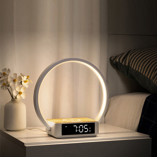 Minimalistische Ronde Tafellamp met LED-Klok & Draadloos Opladen – Moderne Bureau- en Bedlamp