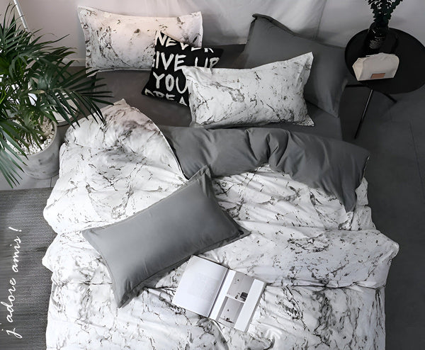 Luxe Marmer Beddengoed Set 155x220 cm | 3-delige Zachte Microvezel Dekbedovertrek & Kussenslopen