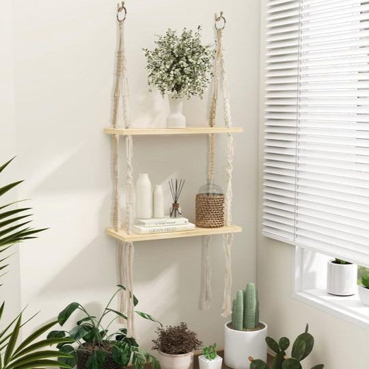 Handgemaakte Dubbele Houten Wandplank Bohemian Woondecoratie  Stijlvolle Opbergruimte