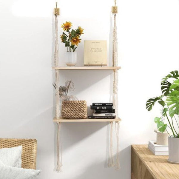 Handgemaakte Dubbele Houten Wandplank Bohemian Woondecoratie  Stijlvolle Opbergruimte