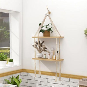 Handgemaakte Dubbele Houten Wandplank Bohemian Woondecoratie  Stijlvolle Opbergruimte