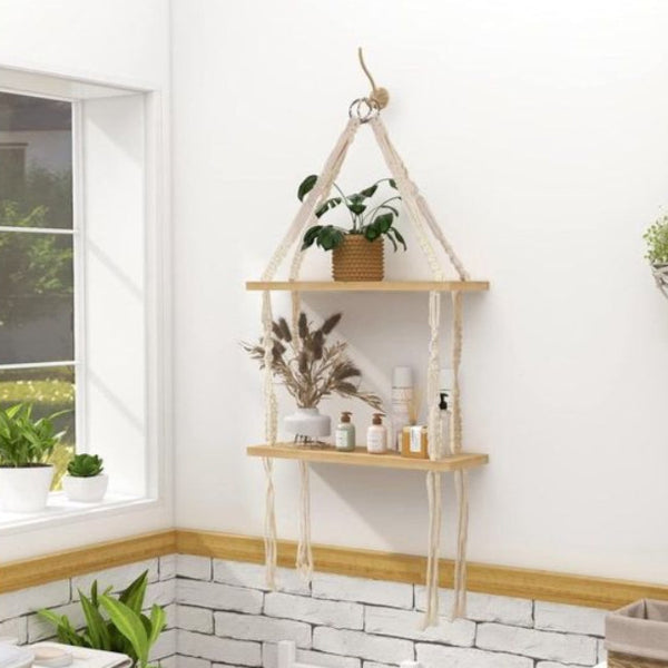 Handgemaakte Dubbele Houten Wandplank Bohemian Woondecoratie  Stijlvolle Opbergruimte